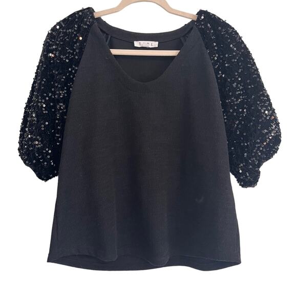 THML Black Knit Top SMALL Sequin Sleeve Sweater V Neck Chic Party Holiday Glam - Picture 8 of 8